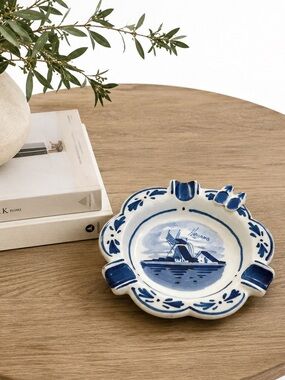 Vintage Delft Blue Holland Hand-Painted Windmill Ashtray Trinket Dish Clogs